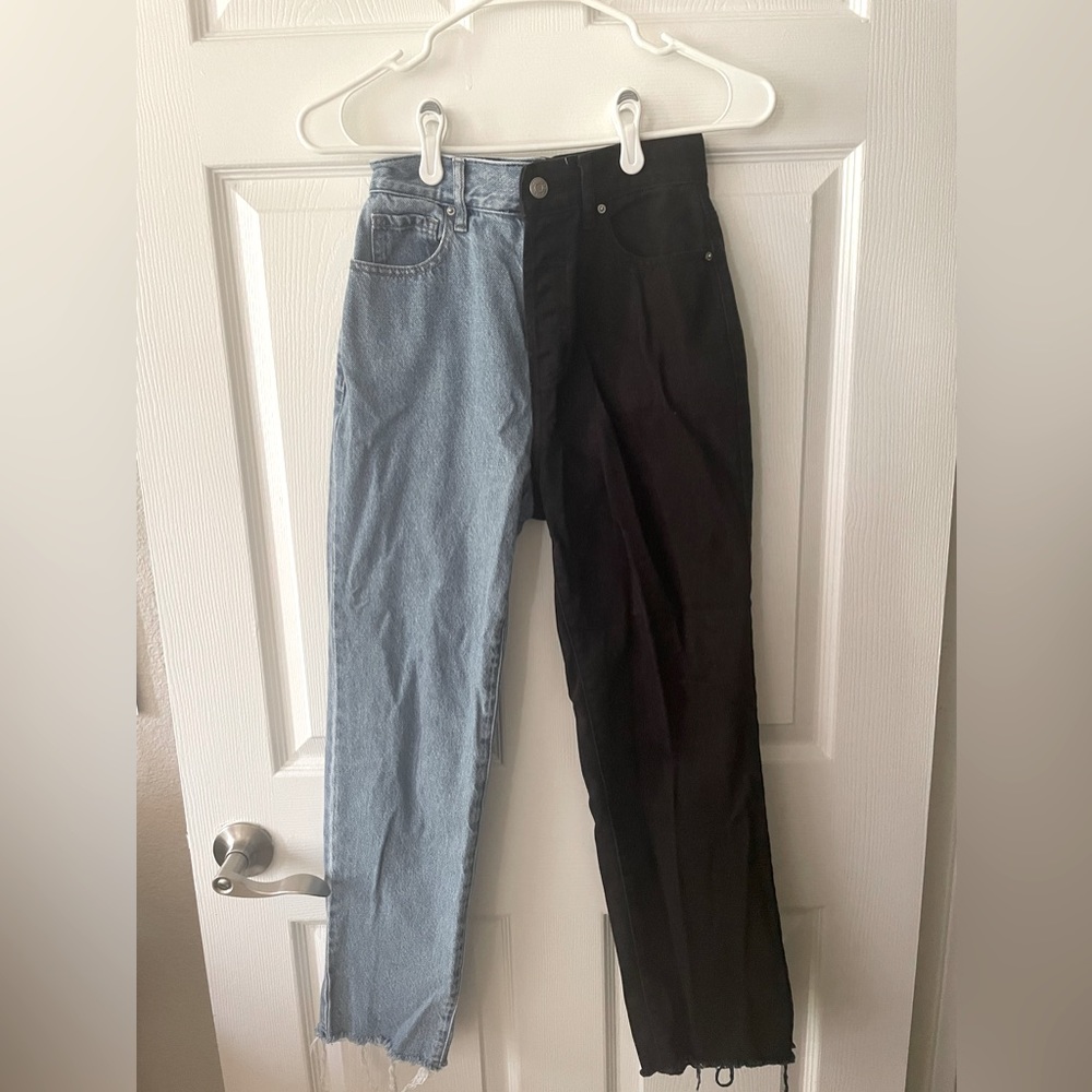 PACSUN: Two-toned (black and blue) High-rise, Straight-leg Jeans